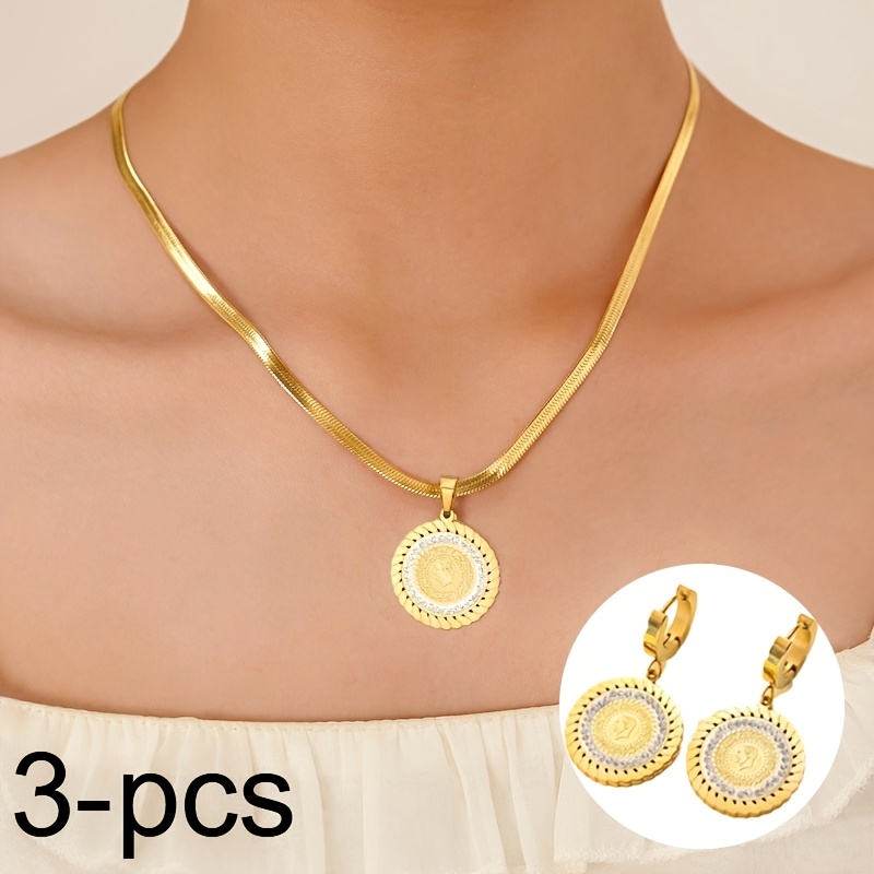 3pcs Golden Portrait Necklace and Earrings Set